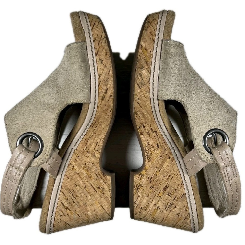 Clarks Collection Taupe Suede Cork Wedge Slingback Sandals‎ Peep Toe Women US 6